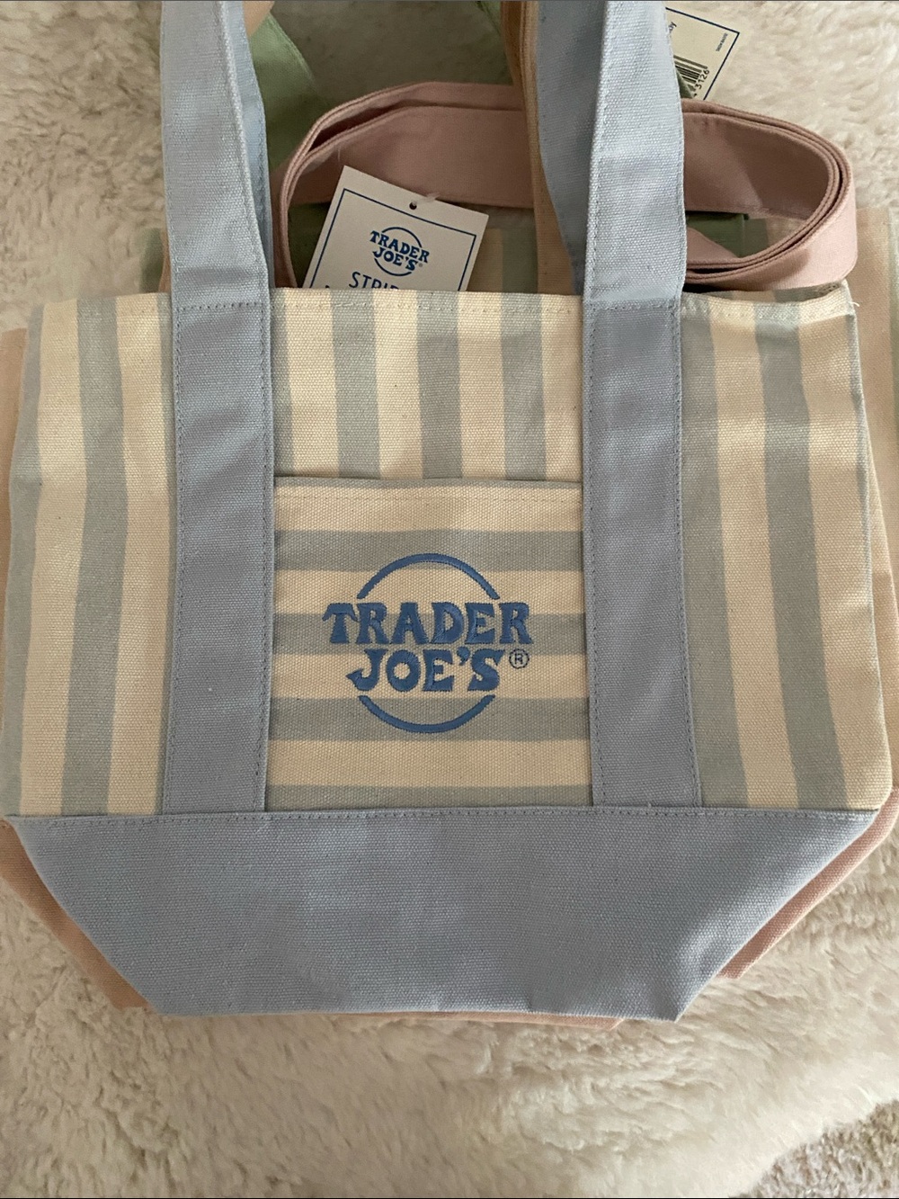 Trader Joe’s NWTPastel Stripe Tote Bag — All 4! Pink, Green, Beige, Blue - Picture 5 of 6